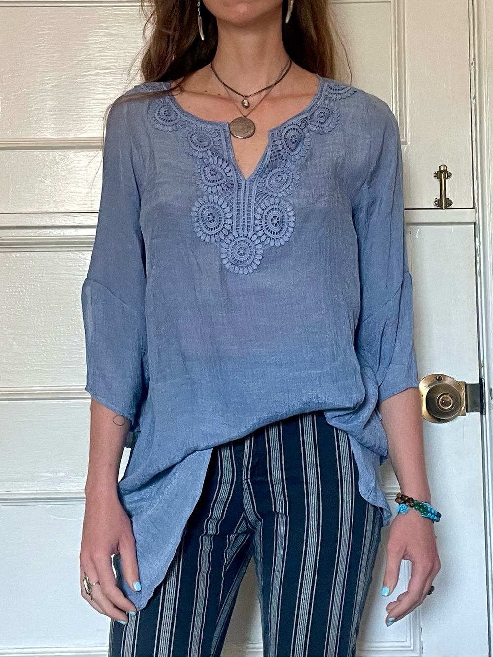 Lightweight Blue Embroidered V-Neck Summer Tunic